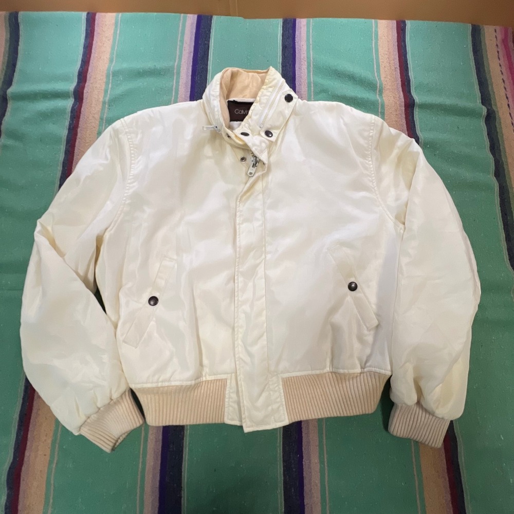 Calvin Klein Bomber Jacket Mens 38 White Vintage 80s Nylon Insulated Coat
